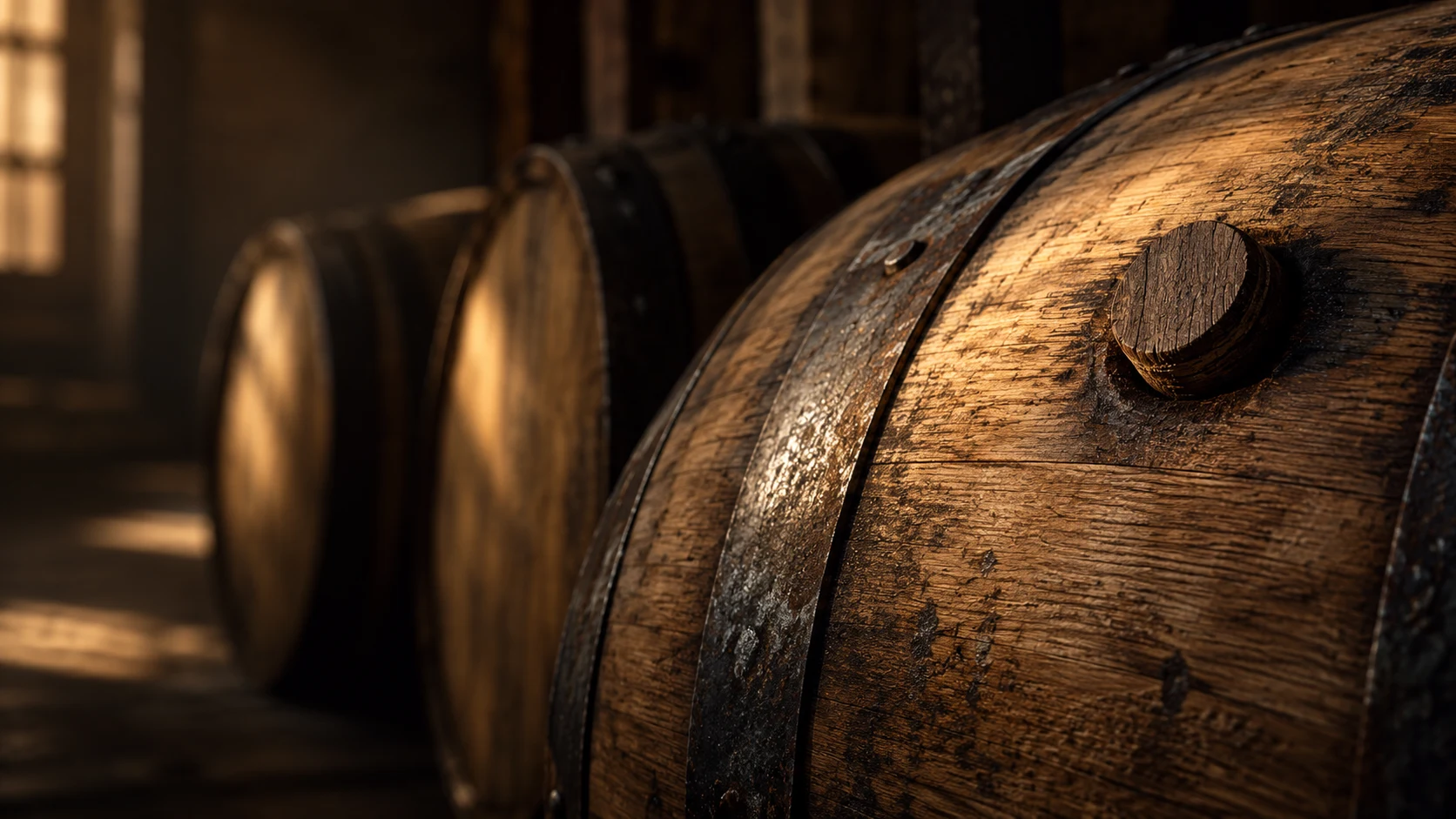 Warm light across the oak grain, wooden bung and iron hoops of whiskey barrels in a cellar.