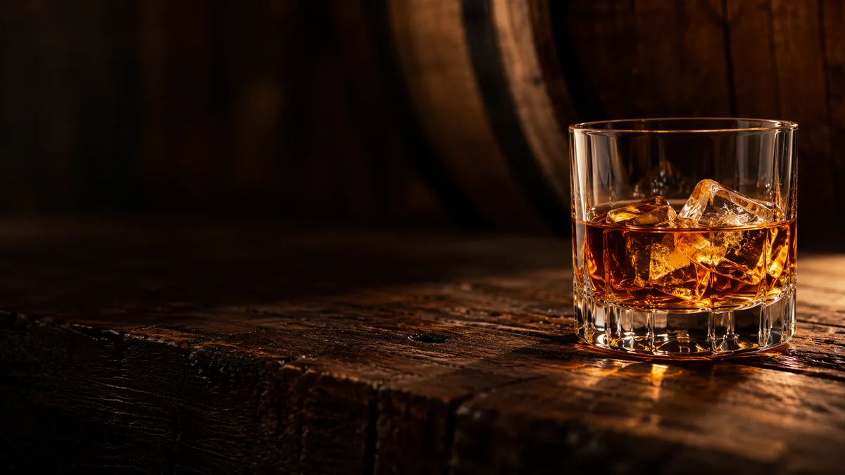 A pour of whiskey on a barrel-room table
