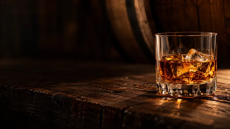 A pour of whiskey on a barrel-room table