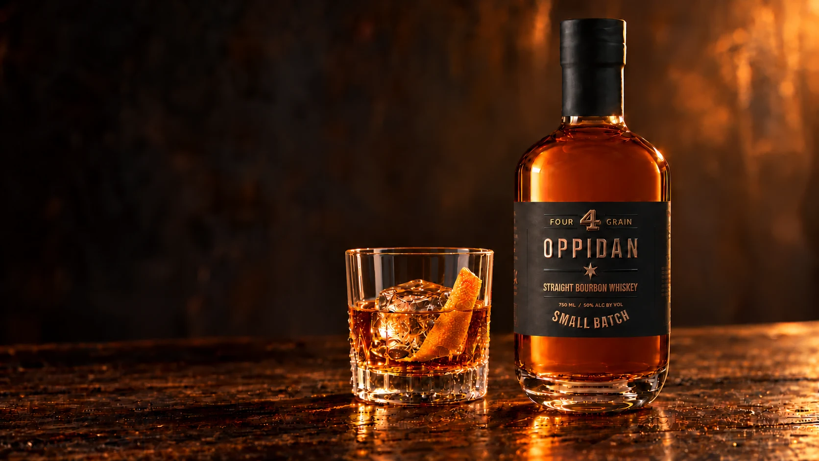 Four Grain Straight Bourbon and an Old Fashioned in warm evening light
