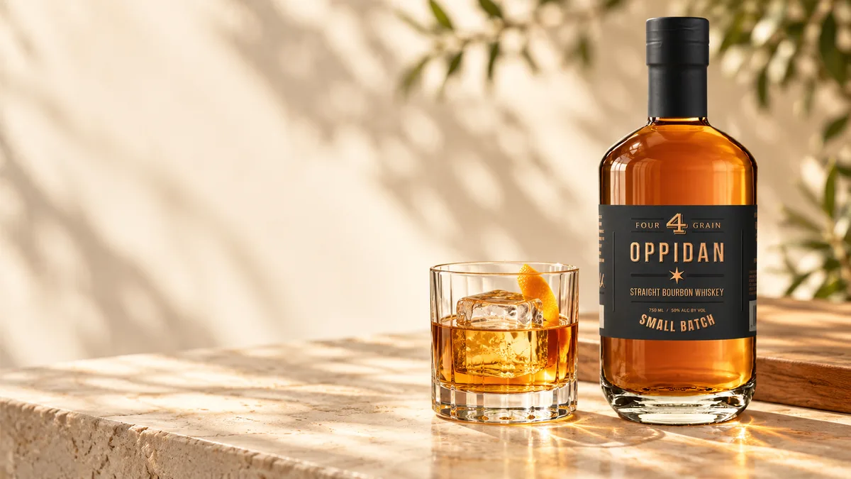 An Old Fashioned with an orange twist beside a bottle of Four Grain