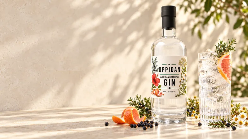 A gin highball with grapefruit beside a bottle of Botanical Gin