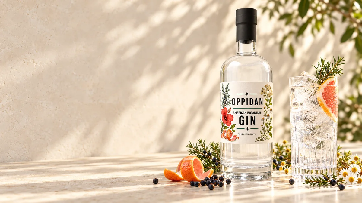 A gin highball with grapefruit beside a bottle of Botanical Gin